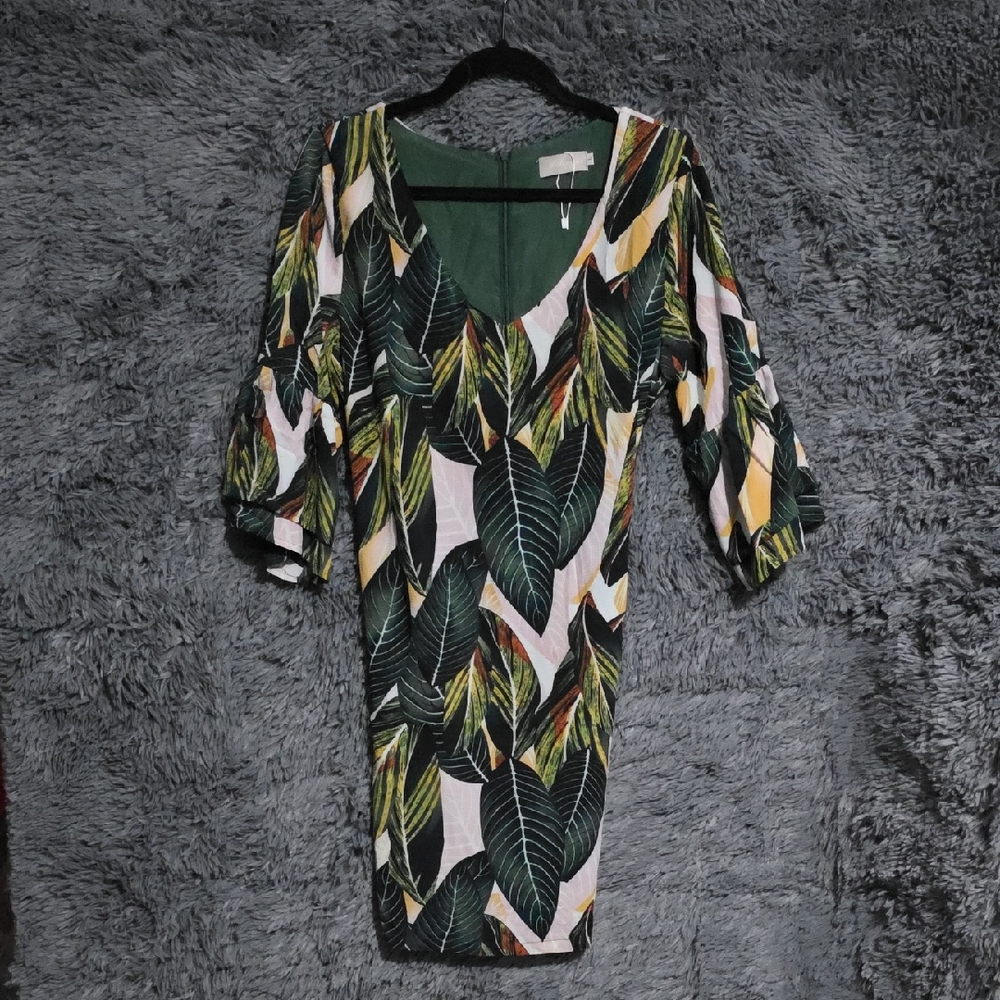 Elegant Green Leaf Print Long Sleeve Dress